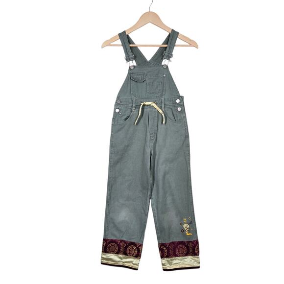 VTG 90s Looney Tunes Tweety Bird Embroidered Bib Overalls sz 7/8 Green Kidcore - Picture 1 of 16